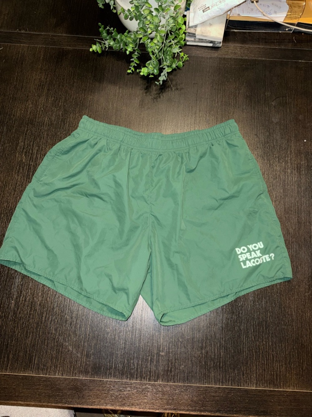 Lacoste Dark Green Athletic Swim Shorts with White Logo Text - Picture 2 of 8